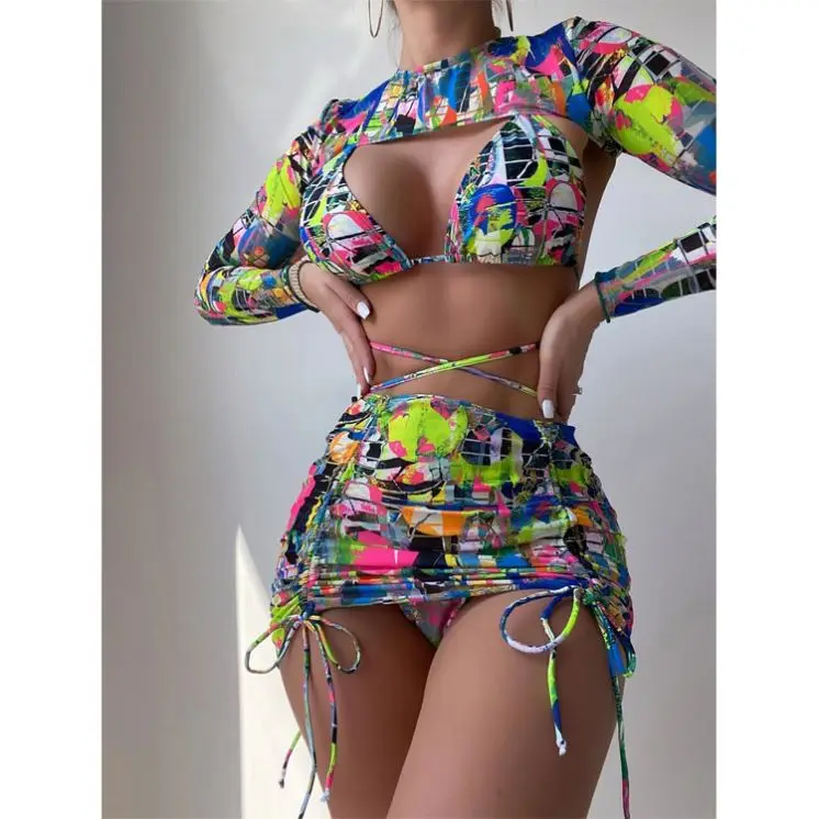 Three-Piece High Waist Print Split Long Sleeve Swimwear