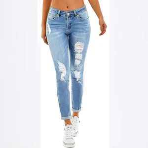 2026 New Cross-Border European American Fashion Mid Waist Stretch Boot Cut Vintage Quick Dry Ripped Nylon/Cotton Jeans Women's