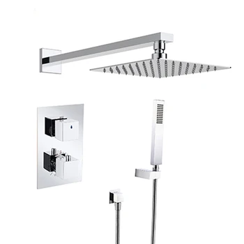 Bathroom Shower Set Chrome Thermostatic Shower Taps Concealed 2-Way Contemporary Square Rain Shower