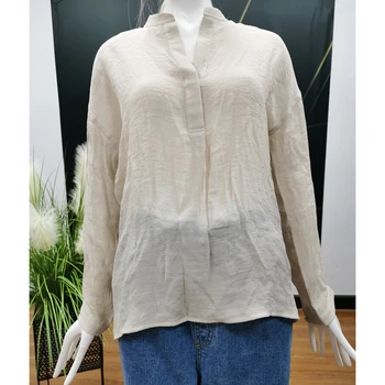 Womens lightweight linen shirt simple placket v neck long sleeve blouse for spring summer