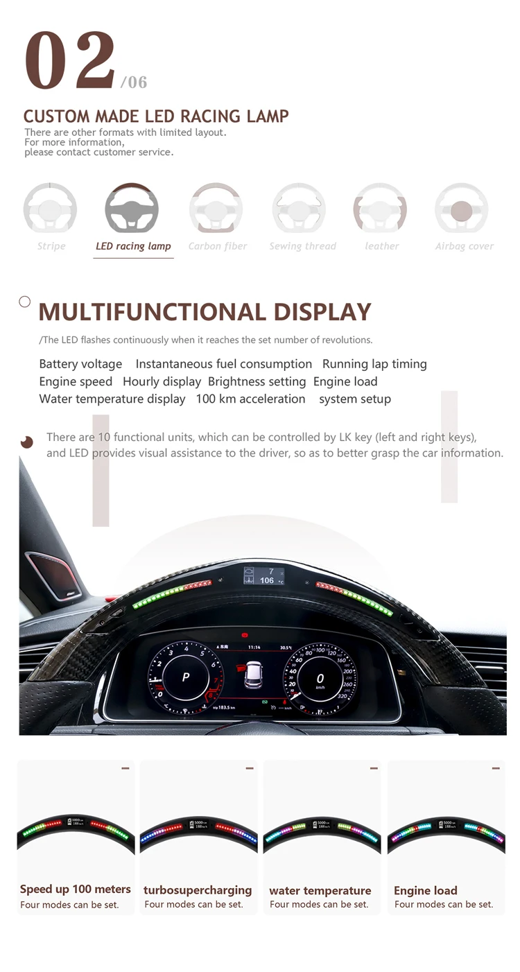 Custom Alcantar Leather Carbon Fiber Racing Led Steering Wheel For