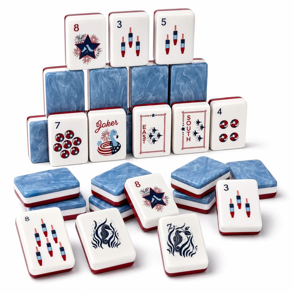 250th Anniversary Patriotic American Mahjong Set, 160 Tiles Blue Marble Acrylic Independence Day Tiles
