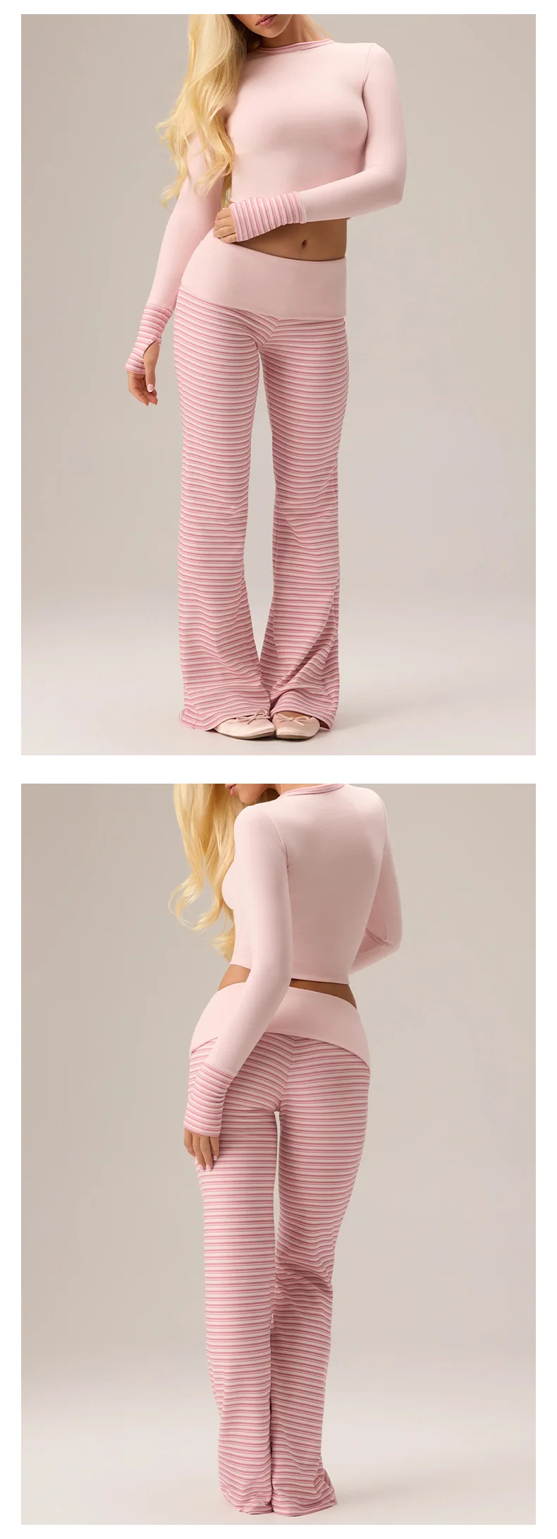 Quick Dry Striped Yoga Set Ribbed Long Sleeve Flared Leg Pants Active Stretch Womens Fitness Outfit — detail