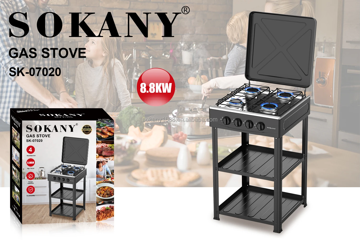 Sokany 07020 Gas Cooker Stove - 4 Burners with Piezoelectric Ignition