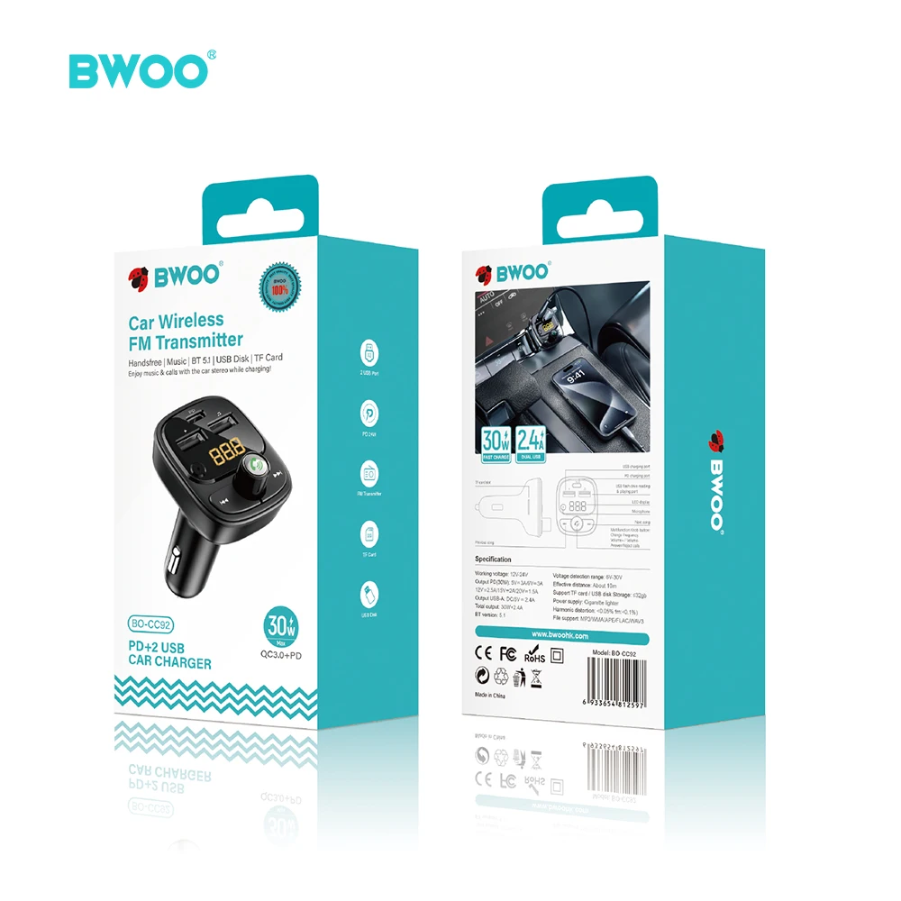 BWOO 30W Type C Dual USB Port Car Charger Adapter Digital Display 3A Fast Charging Car Wireless Fm Transmitter for Mobile Phone