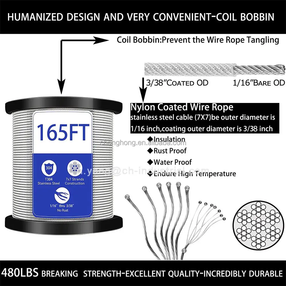 Vinyl Coated Aircraft Cable 50M/165FT 304 Stainless Steel Wire Cable 1/16 Wire Rope Steel Cable Wire Tensioner Kit