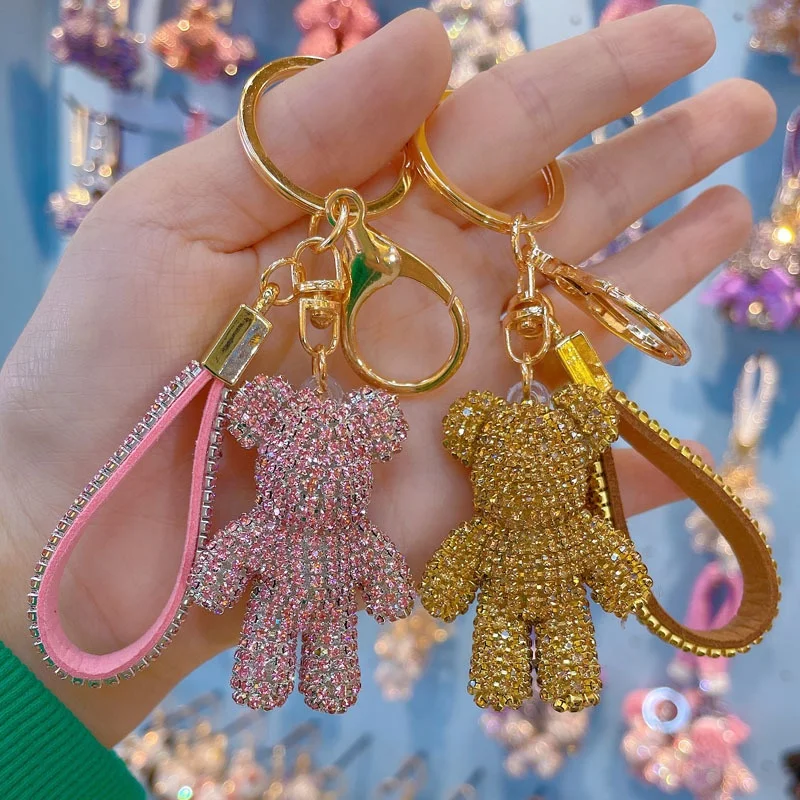 Wholesale Handmade Cute Animal Glitter Bling Resin Gummy Leather Mini Small  Car Teddy Bear Keychain with Diamonds