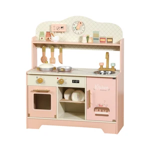Wooden Pretend Play Kitchen Toy Set for Kids with Stove Microwave Oven and Cooking Utensils for Realistic Home Simulation Toy