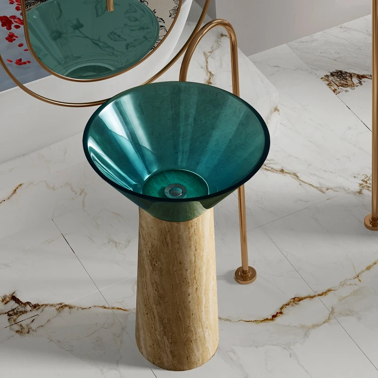 Designer Style Travertine Pedestal and Blue Transparent Resin Wash Basin Minority Art Free Standing Bathroom Sink for Hotel