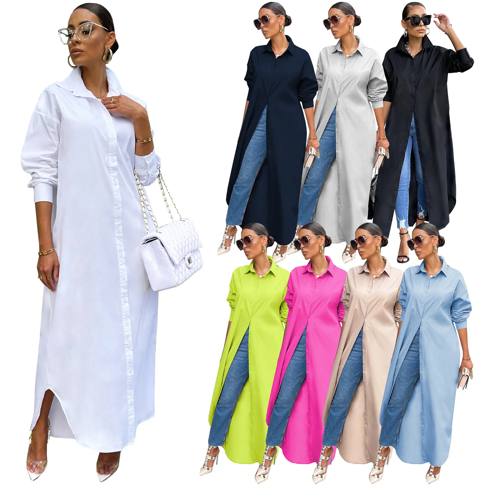 New Arrival Fashion Casual Long Dresses Women Solid Color Loog Sleeve Long Coat for Women Elegant Loose Shirt Dresses