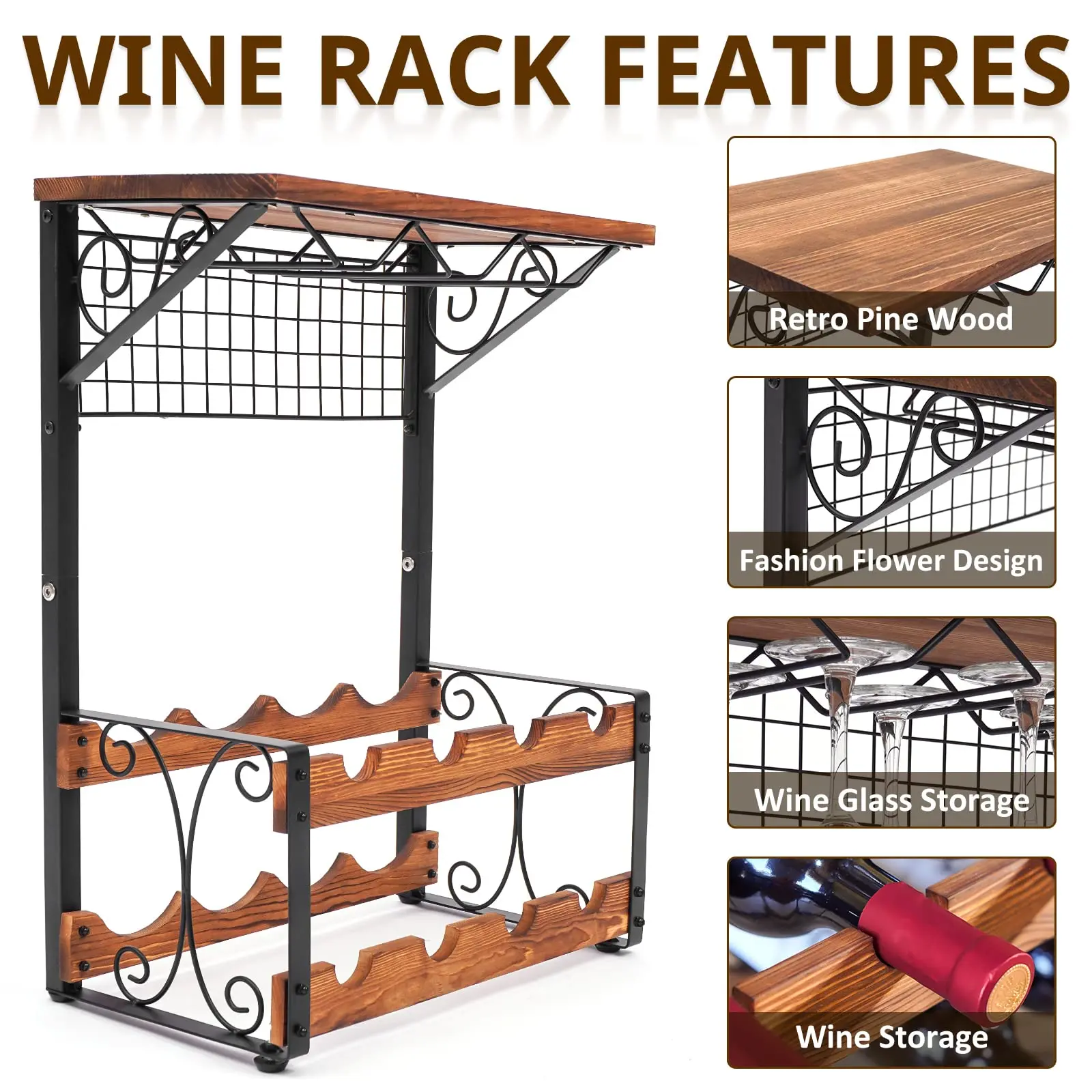 2 Tier Solid Wood Wine Rack Storage Stand Holder 8 Wine Bottles And 6