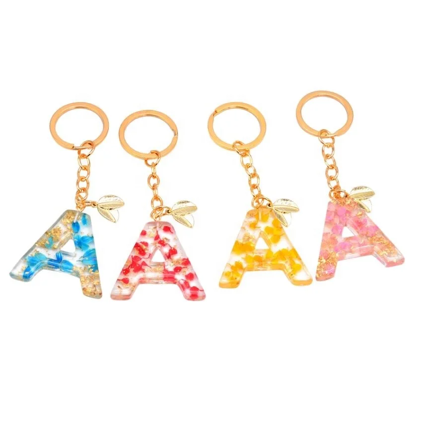 Personality Transparent Acrylic Gold Foil Alphabet Key Chain Crystal Pressed Dried Flower Letter Pendant Ring Charm Bag DIY