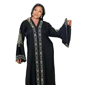 CCY Islamic Clothing Maxi Muslim Rhinestone Abaya Dresses V neck African Long Sleeve Dress Abaya for Women