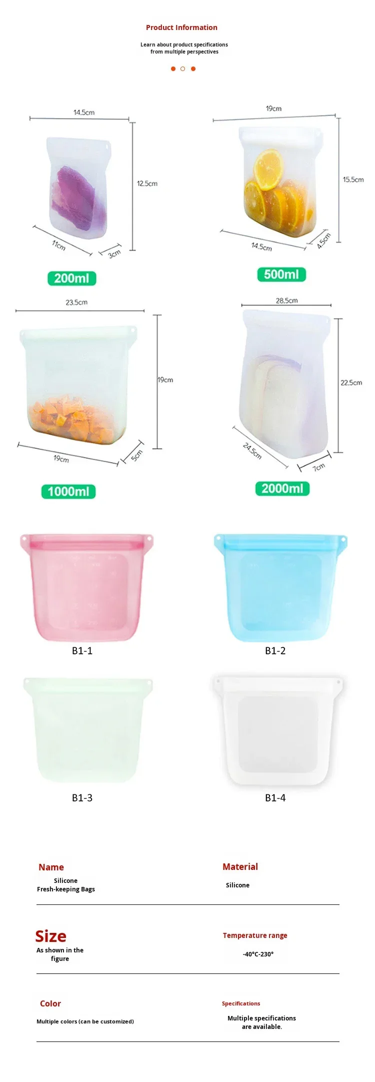 Reusable Silicone Food Storage Bags, BPA-Free Airtight Seal Bags, Multi-Use for Leakproof Food Saver for Kitchen Organization details