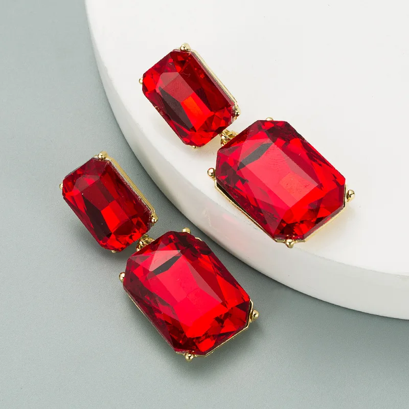 Simple Geometric Shape Inlaid With Colored Glass Diamond Earrings Long Bohemian Wholesale square Gemstone Dangle Stone Earrings