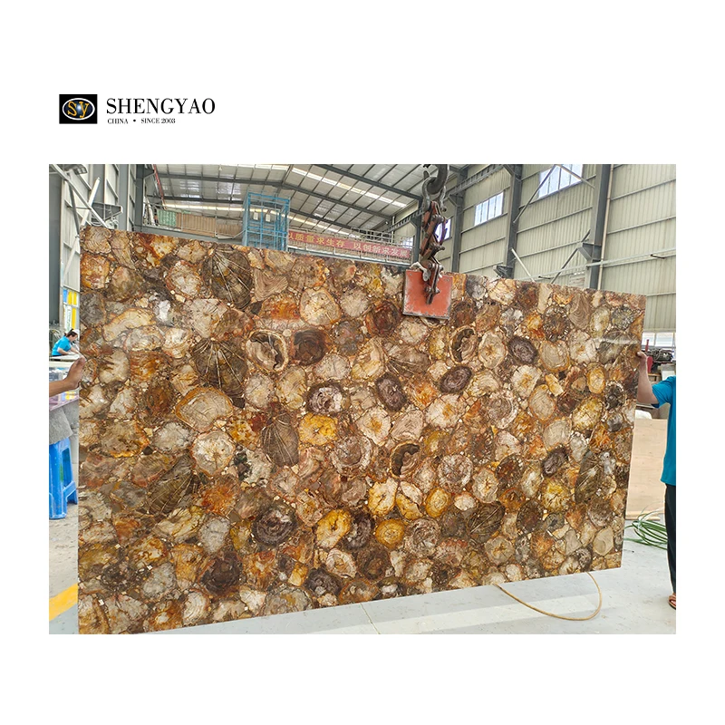 Custom Brown Petrified Wood TV Background Wall Panel Fossil Stone Fireplace Slabs