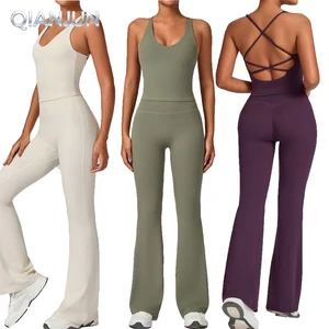 Women's Breathable Solid Pattern Yoga Set Color-Block Cross Back Elastic Waist Sports Fitness Running Bare Sensation