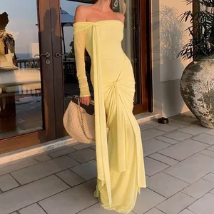 Bettergirl 2026 Yellow Ribbon Spliced One Shoulder Dress Casual Maxi Length Stand Neckline Woven Breathable Small Niche Design