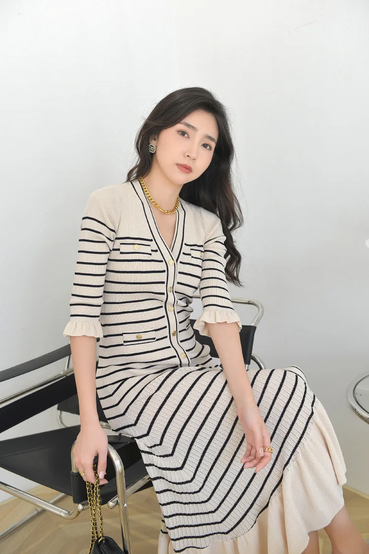 sandro striped knit dress SANDRO Paris Womens Knit Dress Striped Black/ Beige Stretch Sz M GDW