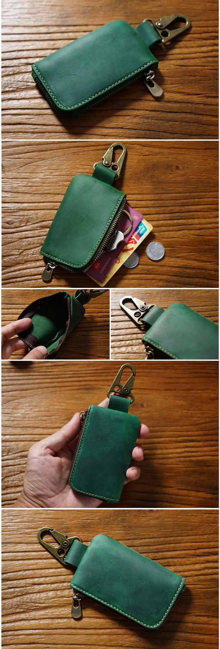 Genuine Leather Vintage Key Holder Organizer With Zip Pouch_voghion.com