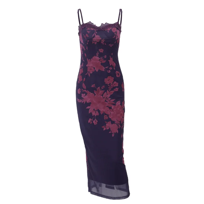 Spring 2025 Sexy Backless Lace Trimmed Retro Printed Slit Dress Lady Elegant Evening Dresses Dress Bulk Clothes Sexy