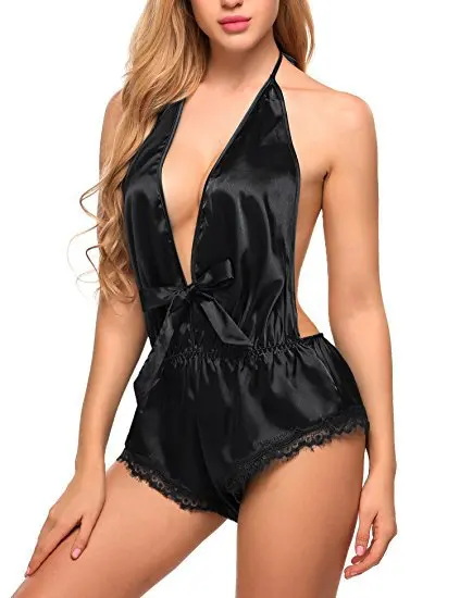 Plus Size Sexy Satin Lace Lingerie Bodysuits for Women Hollow Out Backless Bow Babydoll Lingerie