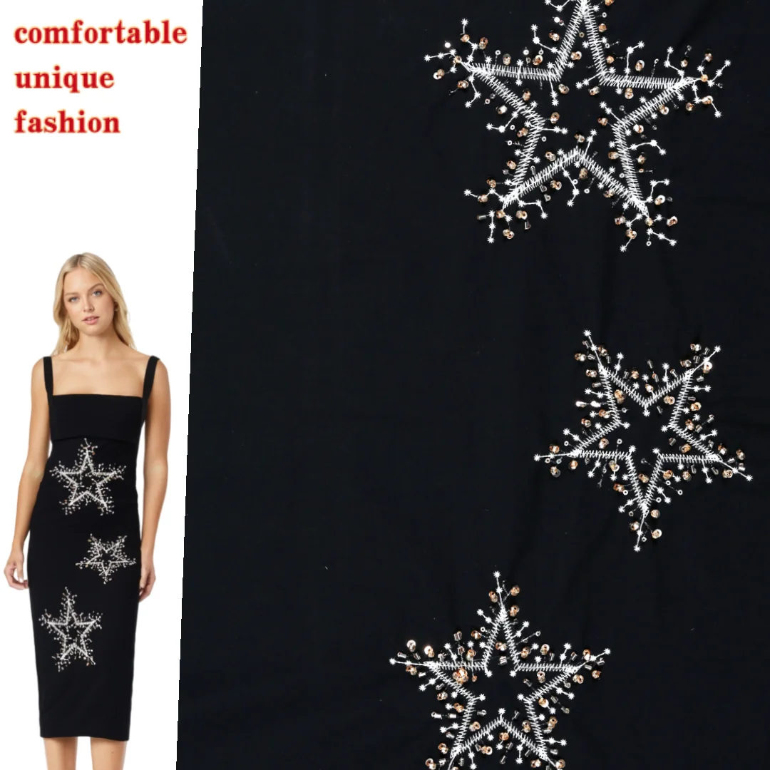 Artistic Tube-Embroidered in Classic Black with Gold Stars Tailored for Tops & Skirts Customized Cotton Embroidery Fabric