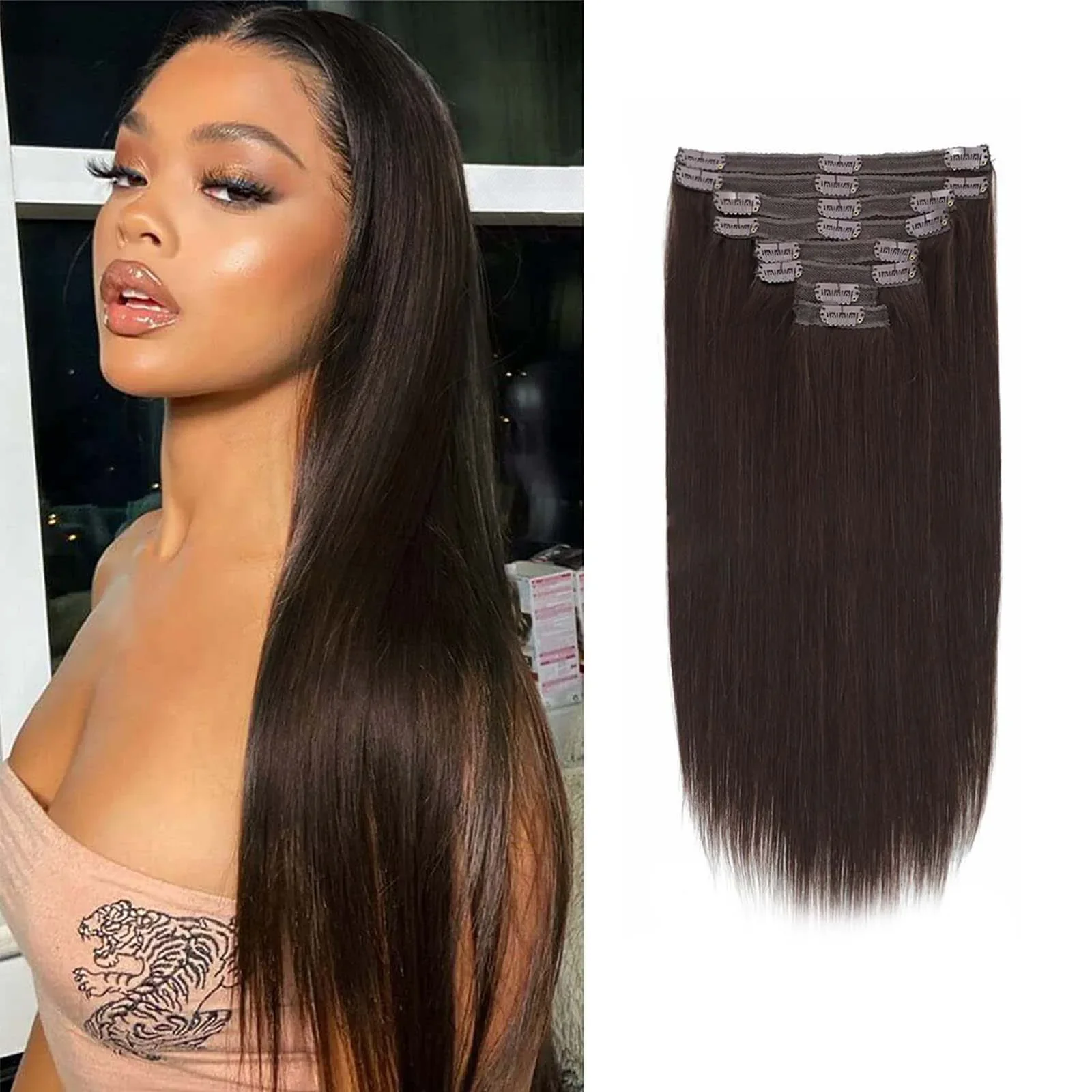 Clip In Hair Extensions Dark Brown Real Human Hair Brazilian Virgin 8Pcs Remy Hair For Women_voghion.com