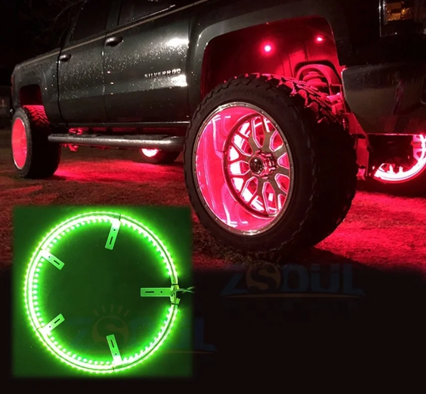 17'' Double-Row RGB + IC Wheel Ring Lights Kit MICTUNING, Chasing Color Flow Neon Wheel Rim Lights for Pickup Truck Car SUV