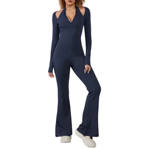 New Custom Logo Comfortable Long Sleeve Pink Yoga Bodysuit Solid Pattern Workout Flare Pants Fitness Womens Clothing