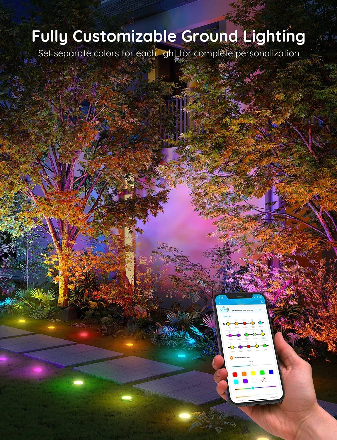 product 15 pack ip67 waterproof outdoor ground garden lawn walkway 36ft multicolor rgbicw pathway led string lights with app control-51