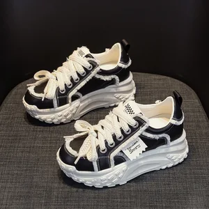 Thick Soled 7CM Women's Shoes, 2026 Spring New Small Casual White Shoes, Lace up Bow Design Trend