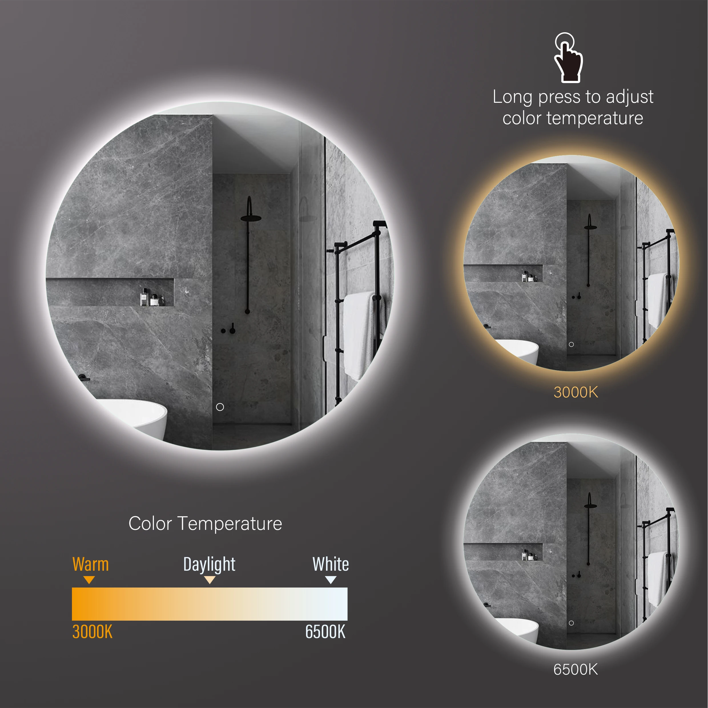 Bathnology Round Bathroom Mirror With Backlight / Anti Fog Bathroom