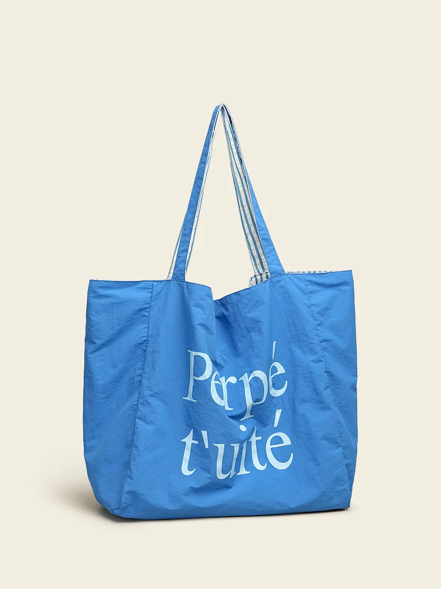 Custom Logo Reversible Nylon Tote Bag Large Capacity Letter Striped Handbag Shoulder Bag for Travel School Beach Daily Use