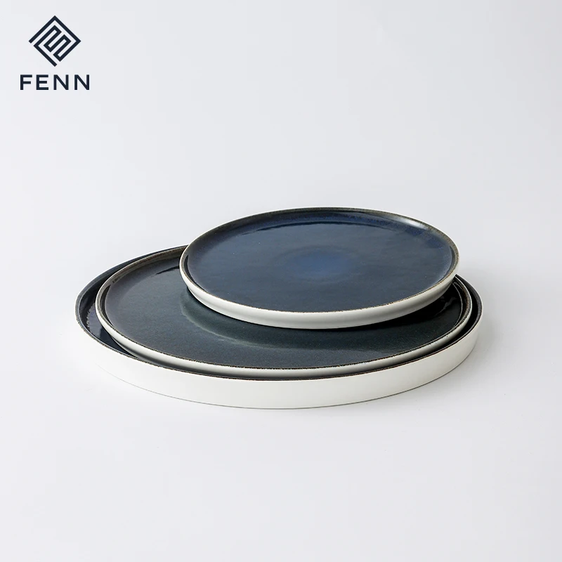 Modern Unique Reactive Blue Color Dining Room Dinner Plates High Straight Edge Round Steak Plate Hotel Used Pasta Plate Ceramic