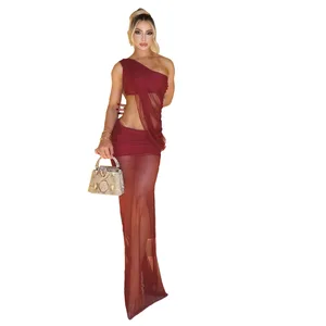 2026 Mesh Dress Women's Sexy Two-Piece Suit Oblique Collar Umbilical Floor-Length Long Dress