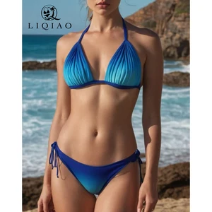 Women's Blue Ombre Halter Bikini Set  Ruched Triangle Top Adjustable Side Tie Two-Piece Triangle Bikini & Swimwear