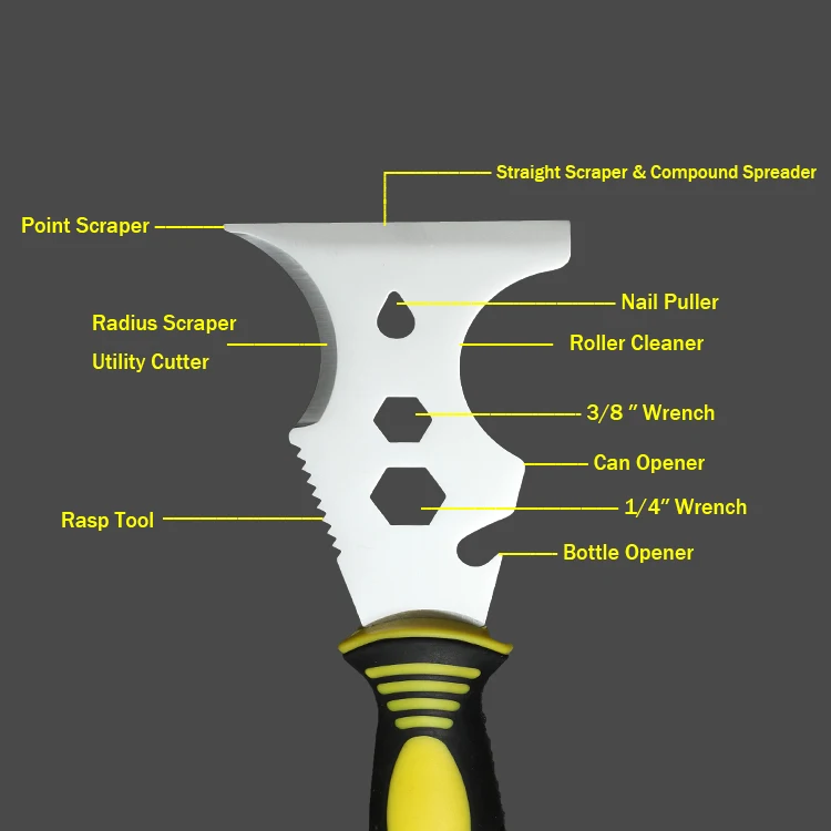 High Quality Stainless 75mm 10 in 1 Multi-function Putty Knife with TPR Handle for various Scenarios
