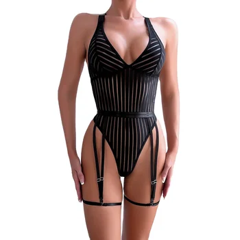 Women's Sexy Striped Stitching Push-up Bra See-Through Bodysuit Underwire Backless All-Match Female Underwear