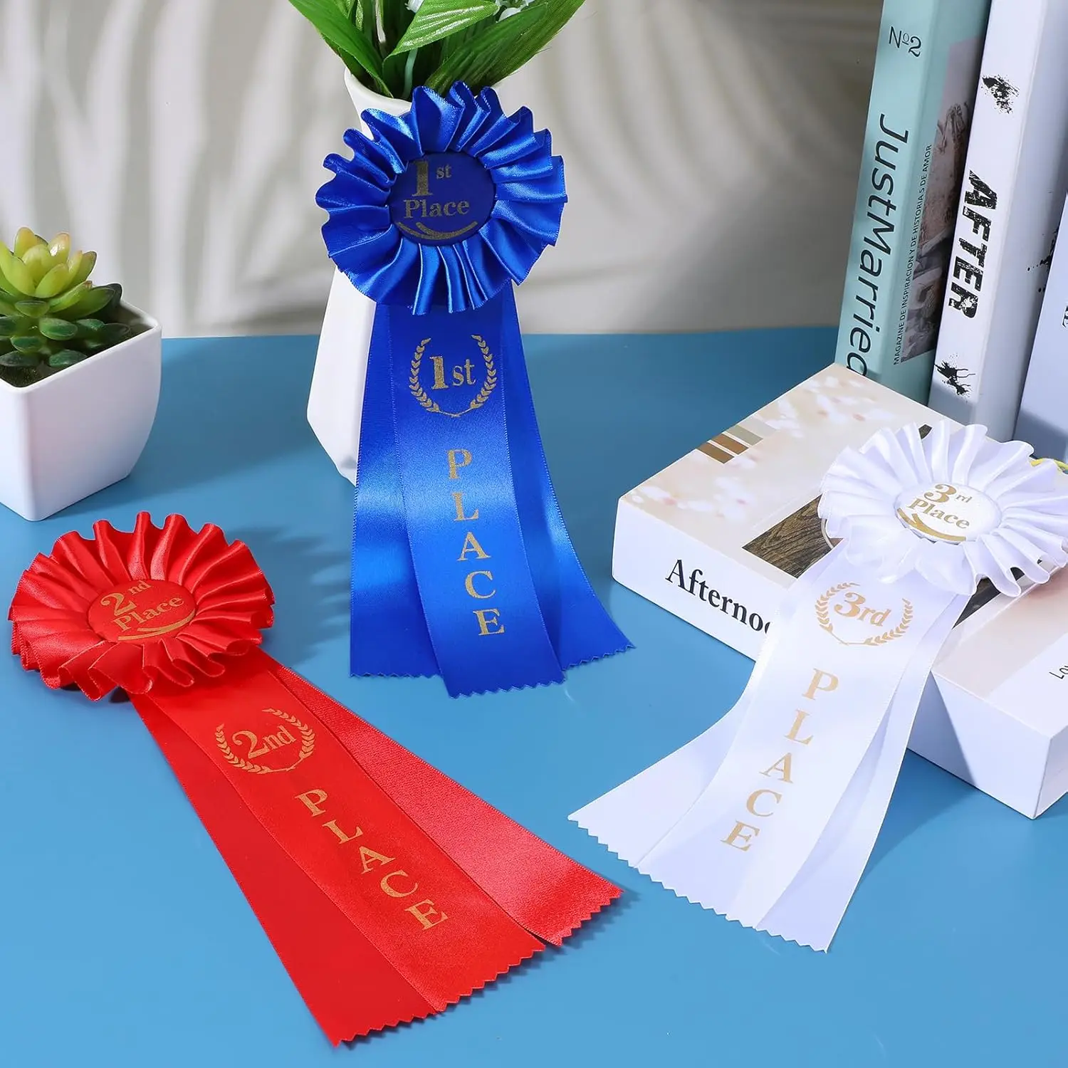 Lot De 3 Rubans De Récompense Pour 1ère, 2e Et 3e Place - Rosace Bleu, Rouge, Blanc, Pour événements Sportifs Ou Scolaires