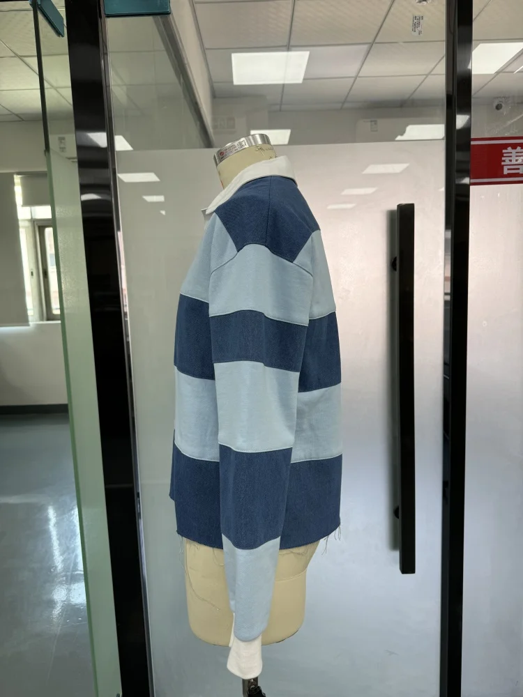 Salati Clothing Manufacturers Custom Plus Size Men's T-shirt Stripe Wash Rugby Polo T Shirt Long Sleeve Denim Shirt for Men gallery 2