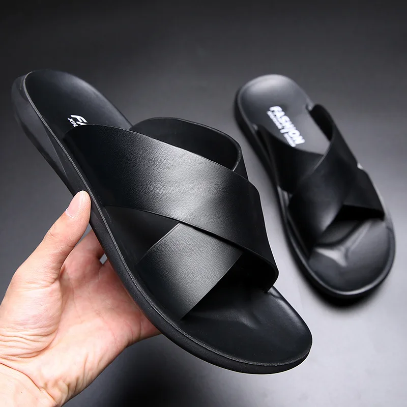 New Styles Men Summer Fashion Genuine Leather Sandals Comfortable Lightweight Cross Strap Slip on Beach Slide Sandals Shoes