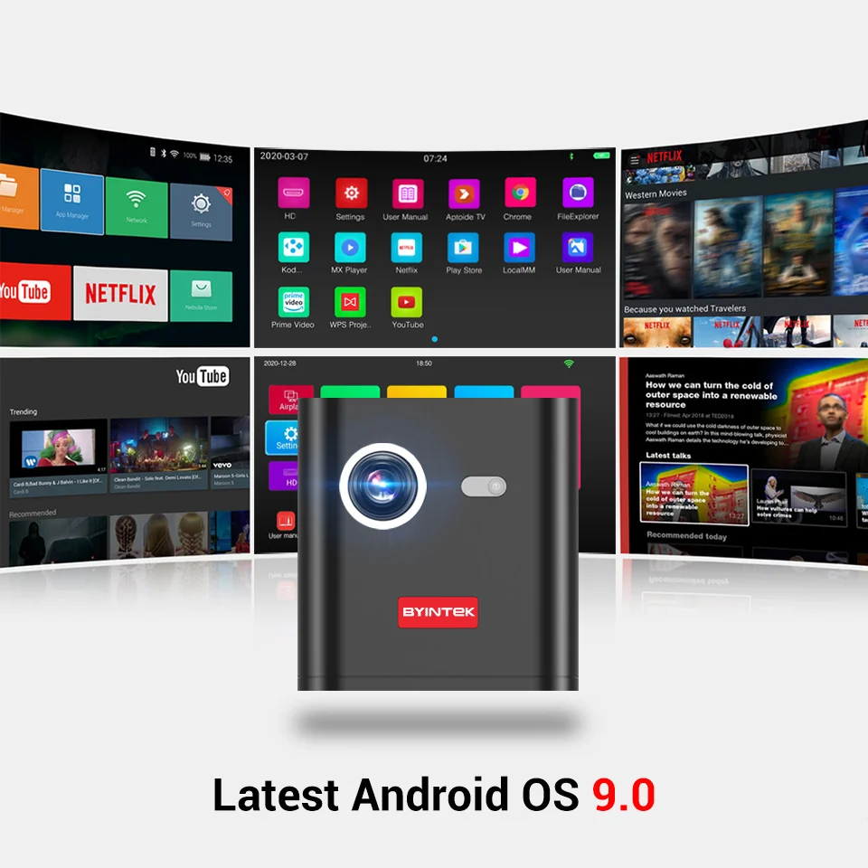 Новое поступление BYINTEK 2022 Новый P19 4K проектор домашнего кинотеатра мини карманный Android Wi-Fi портативный аккумулятор с разрешением