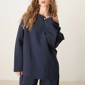 Top Quality Custom Women Off the Shoulder Loose Long Sleeve Sweatshirt Stylish  Versatile Light Green Casual Top Hoodieds