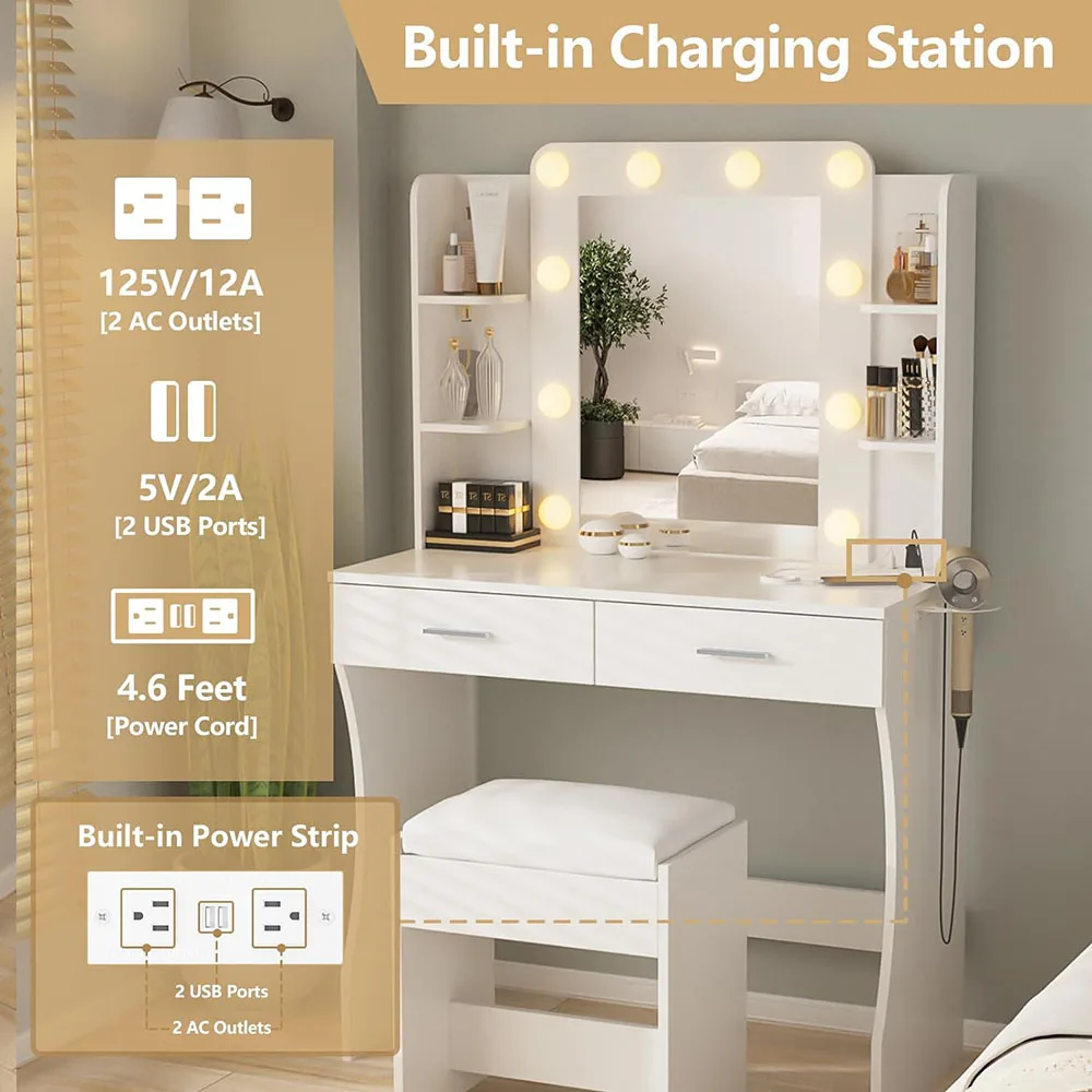Modern Dressing Table with Light Mirror 2 Large Drawers Wood Makeup Vanity Desk with Adjustable Lighting LED for Bedroom