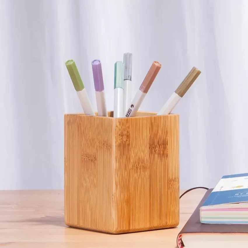 High Quality Office School Supplier Customized Logo Wooden Bamboo Pen Holder Pencil brush pot Pen Holder