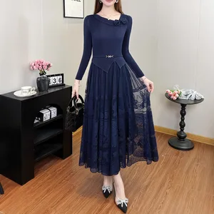 2025 New Women's Elegant Dress with Stretch Long Sleeves Lace Trim Polyester Miyake Pleated Dress