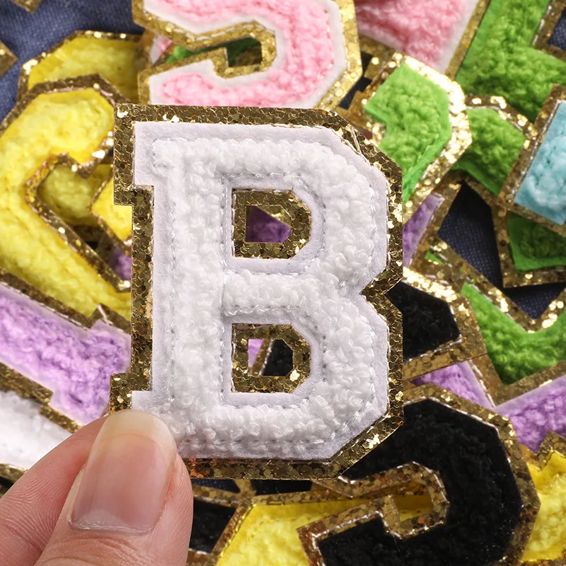 OEM fast ship sequin letter jeans chenille patches custom logo embroidered jacket fabric badge patch with best quality details