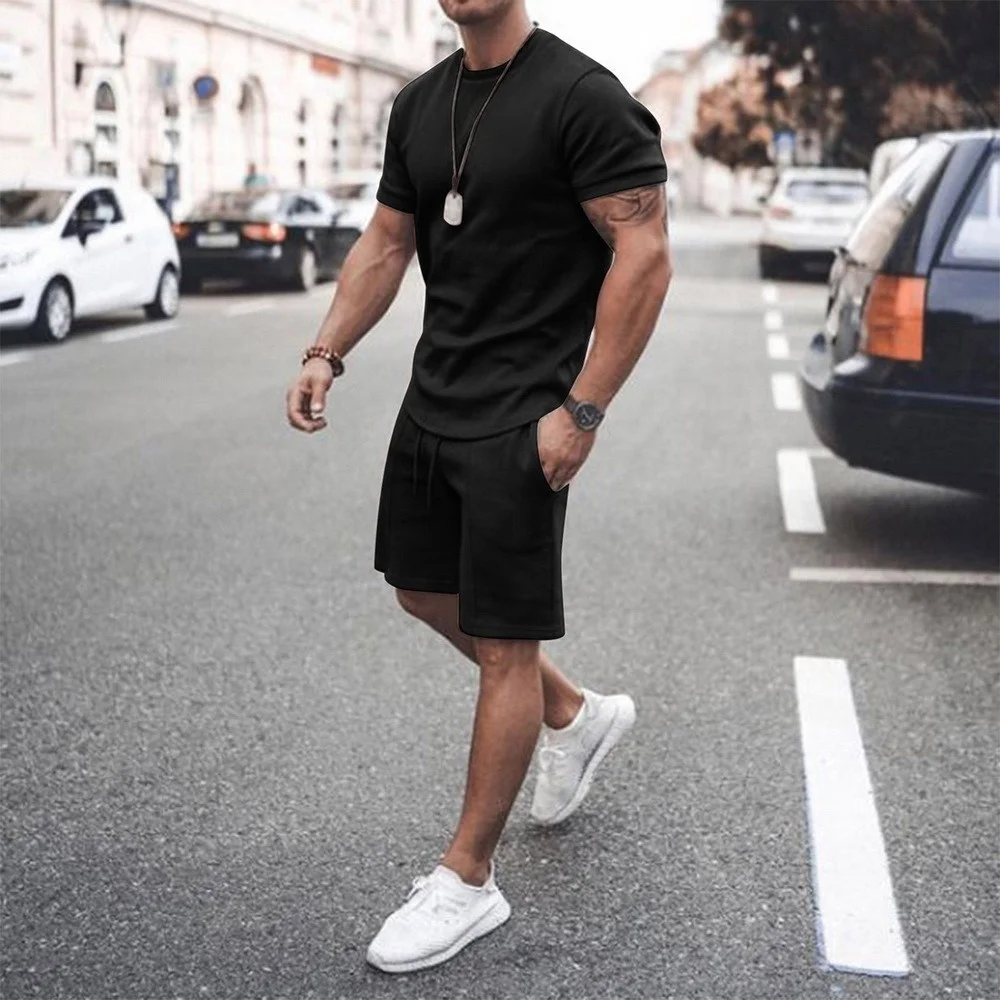 Été nouveaux hommes Shorts ensembles à manches courtes t-shirt + Shorts solide mâle survêtement ensemble vêtements pour hommes 2 pièces ensembles Male818_voghion.com
