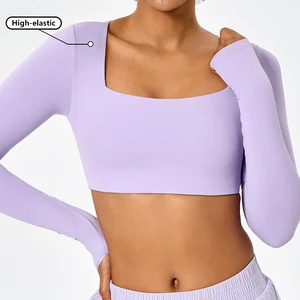 Square Neck Crop Top Bare-Feeling High-Elastic Thumb Hole Yoga Crop Tops for Women Slim Fit Long Sleeves Workout Cropped Shirts